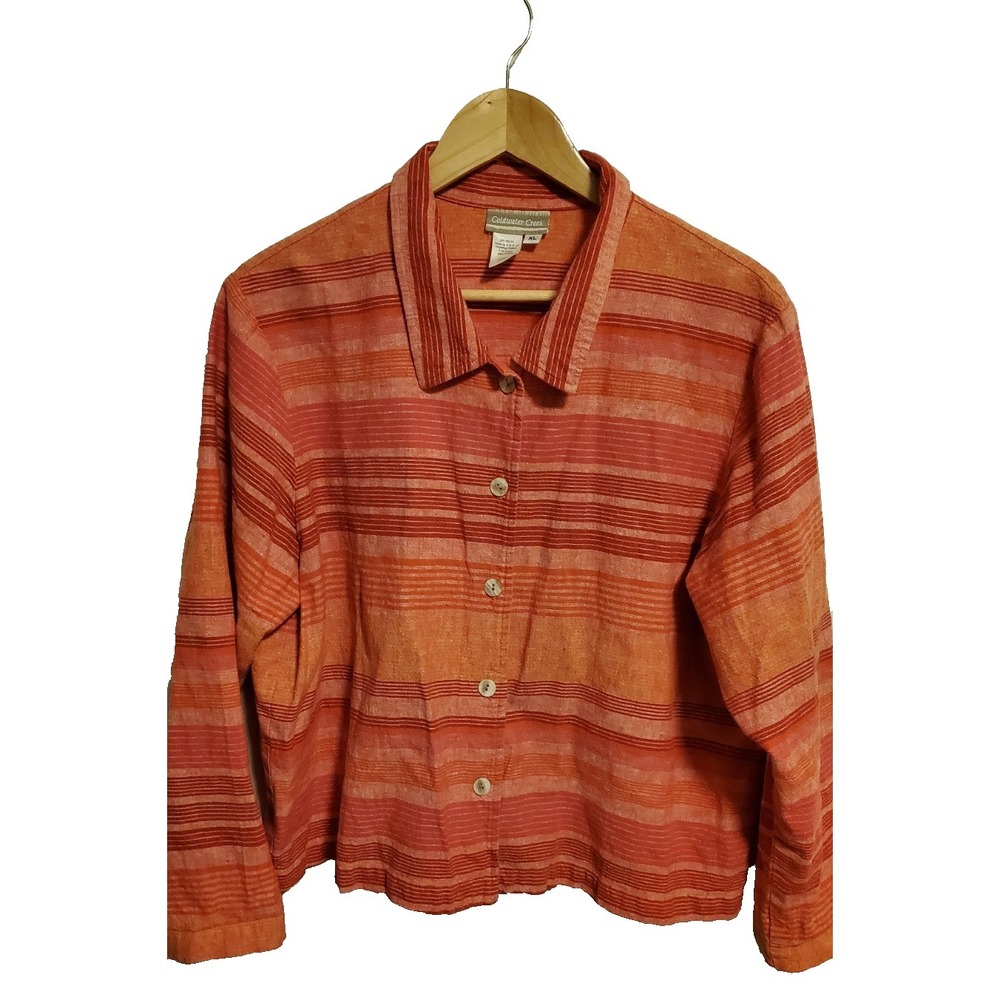 Coldwater Creek Shirt Womens XL Striped Button Up Linen Blend Long Sleeve Jacket